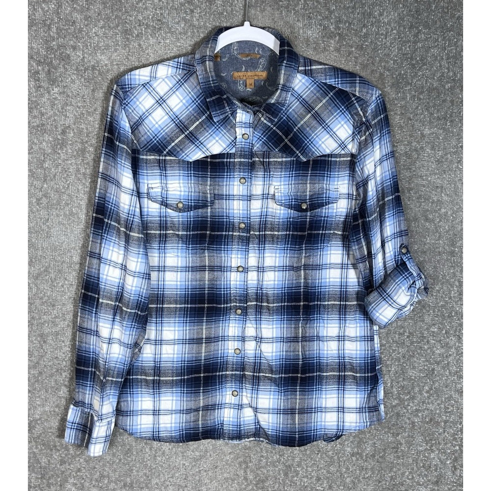 Jachs Girlfriend Bea Pearl Snap Western Shirt Womens Sz M Blue Pockets Roll Tab